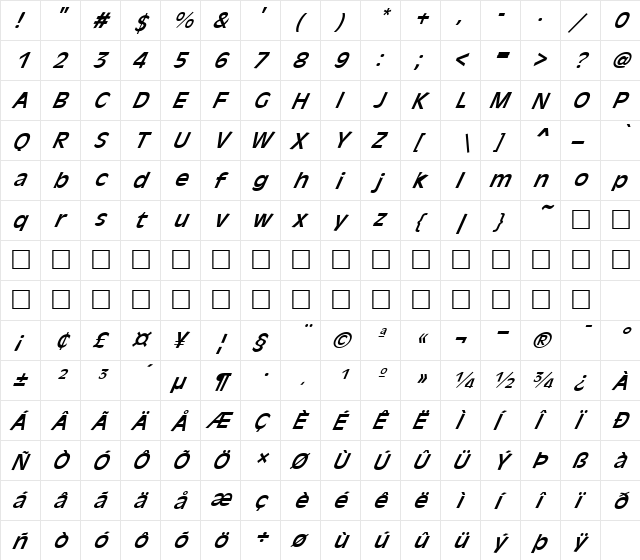 FZ BASIC 2 ITALIC Normal  glyph index