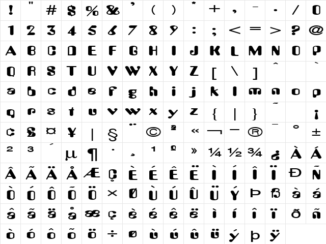 Amos Extended Bold  glyph index