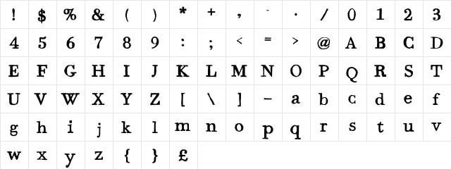 Bodoni Hand Regular  glyph index