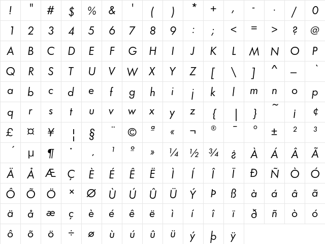 FuturaEF BookObl  glyph index