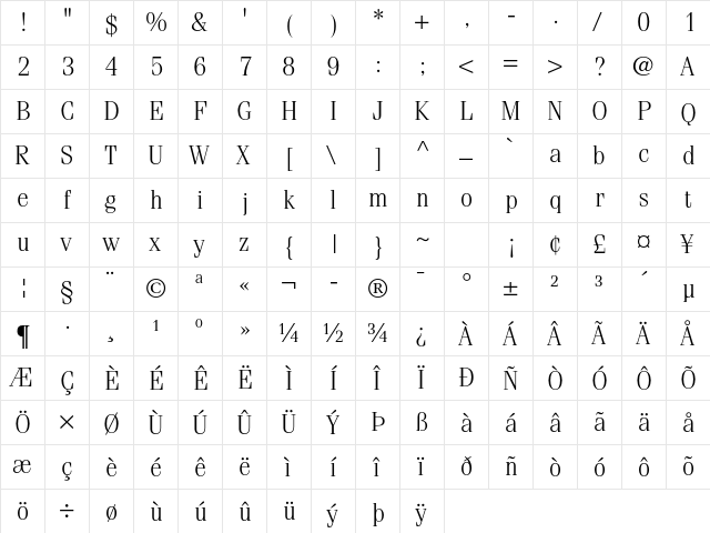 ITC Fenice Std Light  glyph index