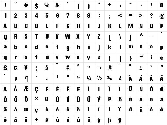 Berthold Akzidenz Grotesk BE Extra Bold Condensed  glyph index