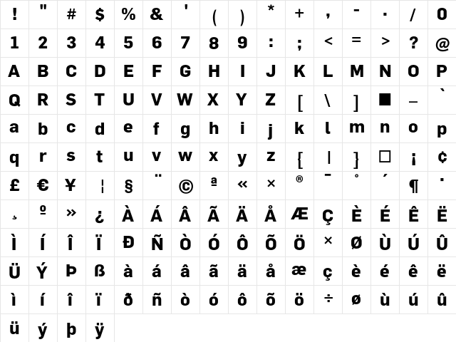 Flama Bold  glyph index