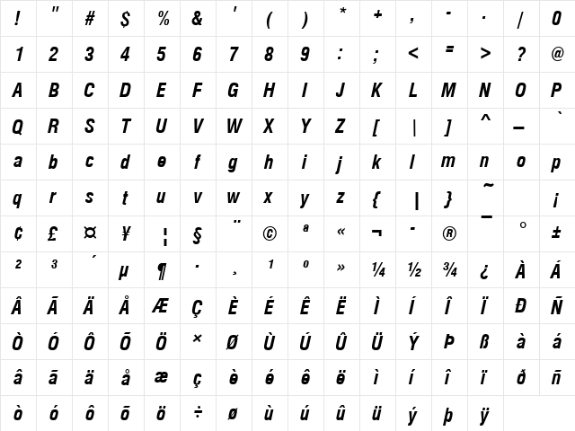 NimbusSanDCon Bold Italic  glyph index