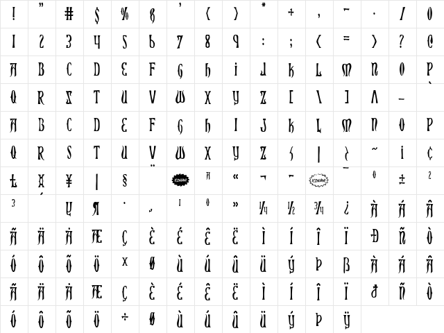 Xiphos Condensed Condensed  glyph index