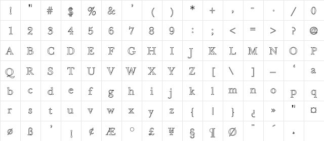 NewBaskerville-Light Hollow Regular  glyph index