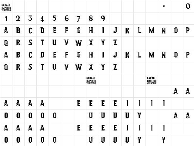 GARAGE IMPERIO Regular  glyph index