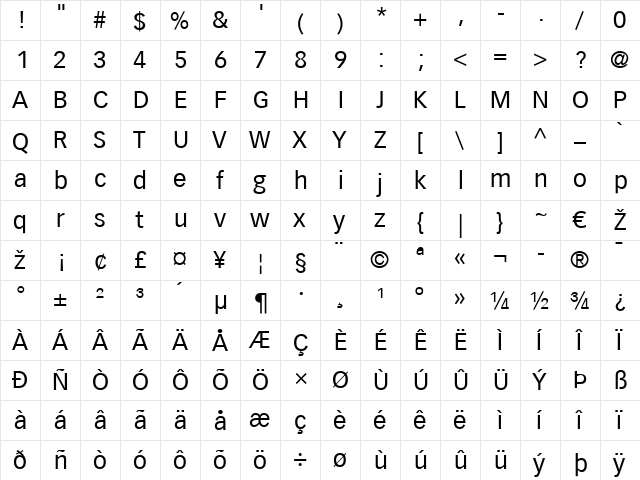 Vectora LT Roman Regular  glyph index