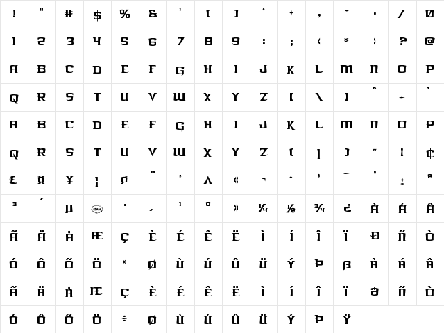 Kreature Kombat Extra-Condensed Condensed  glyph index