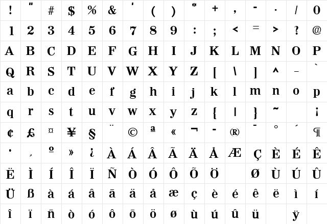 Wichita Bold  glyph index