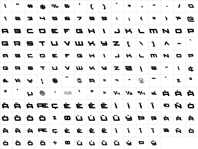 Red Rocket Leftalic Italic  glyph index