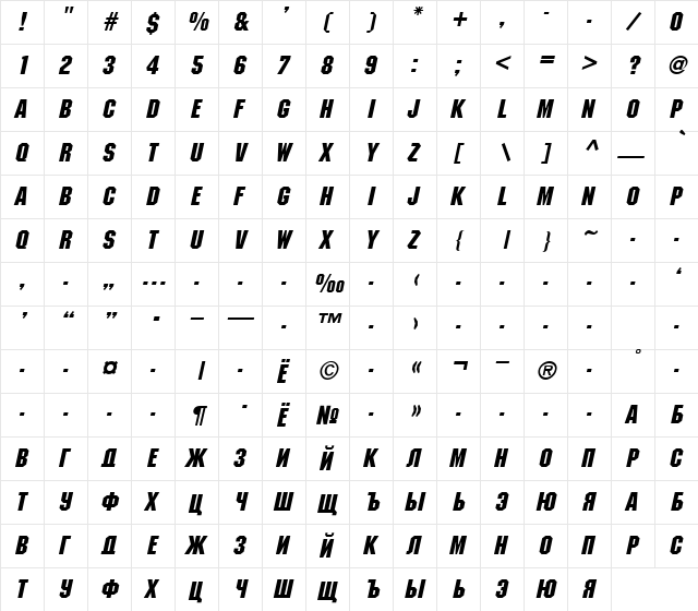 EngineCyr Bold Italic  glyph index