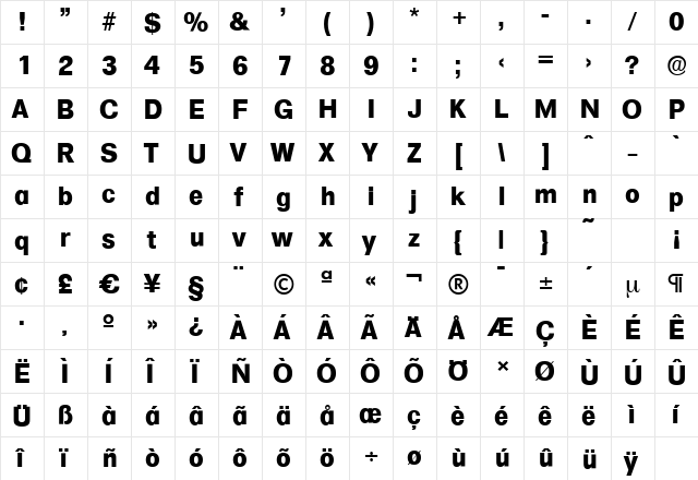 FormulaSerial-Xbold Regular  glyph index