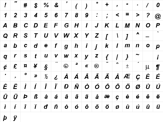 Dixon Bold Ital Normal  glyph index