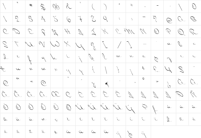 Miss Blaker Regular  glyph index