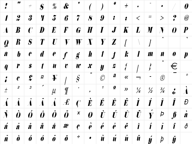 FloralCondensed Italic  glyph index