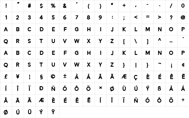 Alesand Round ExtBd Regular  glyph index