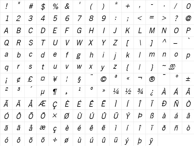 Commerce SSi Italic  glyph index