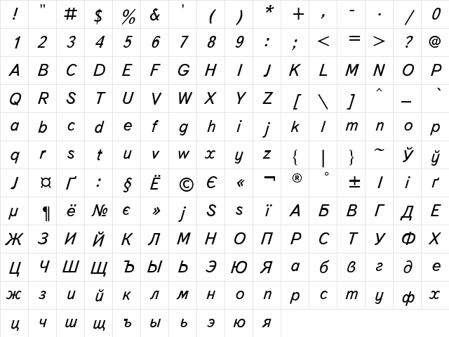 TextBook Italic  glyph index