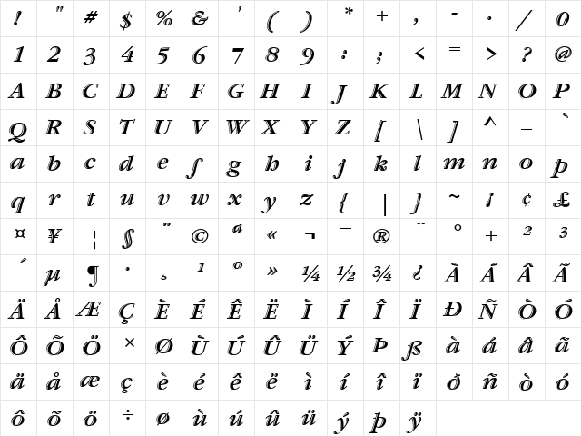 ITCGaramondHandtooled BoldItalic  glyph index