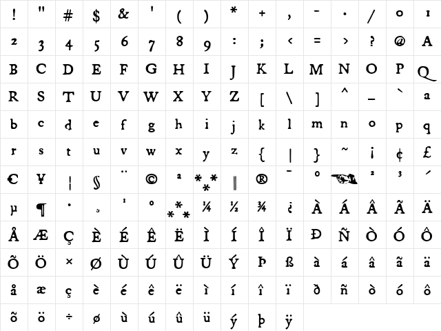 Broadsheet Regular  glyph index