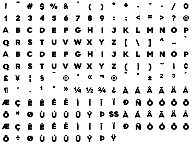 Gretaros Regular  glyph index