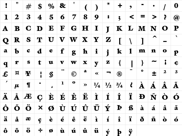 ITC Galliard Ultra  glyph index