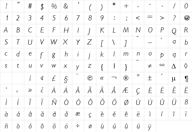GibsonLight RegularItalic  glyph index