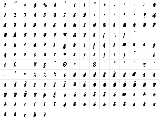 ContemporaryCondensed Italic  glyph index