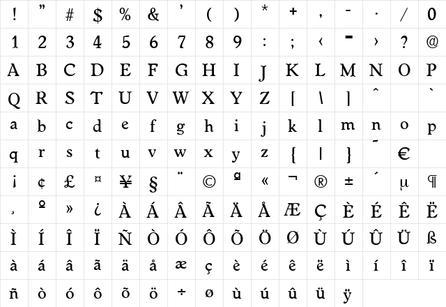 Worchester-Medium Regular  glyph index