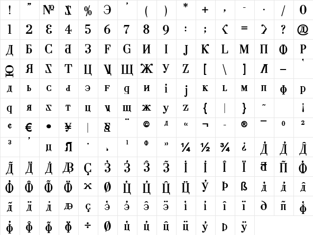 Cyberia Bold Bold  glyph index