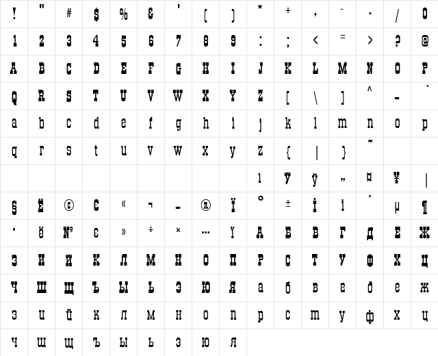 Beton Cyr Normal  glyph index