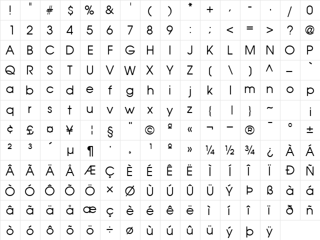 TrendexSSK Regular  glyph index