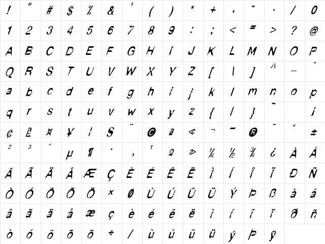 NudE Italic Regular  glyph index