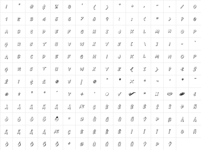 Kangaroo Court 3D Italic Italic  glyph index