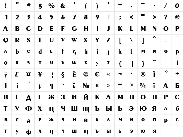 Penta Bold  glyph index