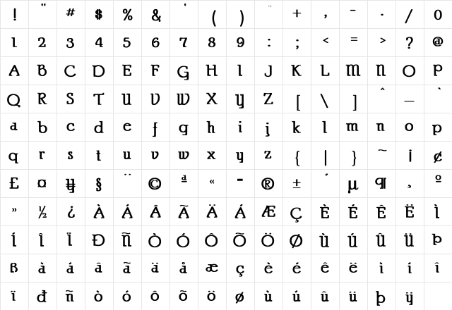 Parsec Bold  glyph index