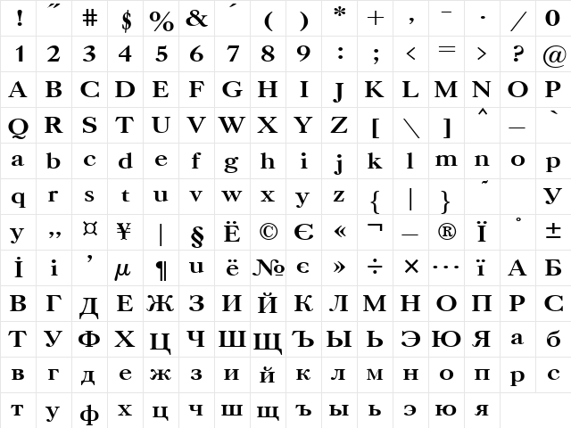 Uk_Caslon Bold  glyph index