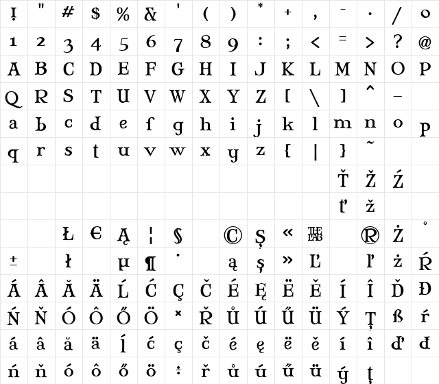 Mary Jane - Eastern Europe Regular  glyph index