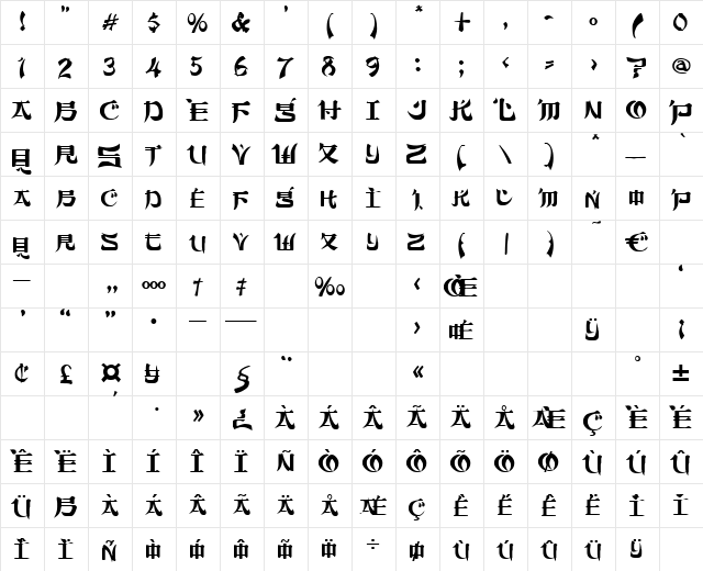 SamuraiSword Regular  glyph index