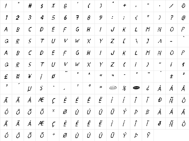 Blood Drenched Super-Italic Regular  glyph index