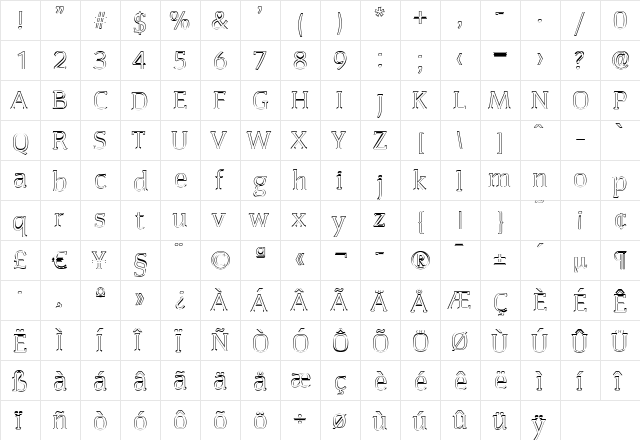 KevinBeckerOutline-Light Regular  glyph index