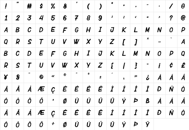 Bebrush Regular  glyph index