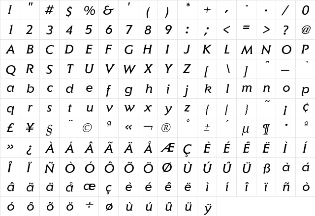 Elan BookItalic  glyph index