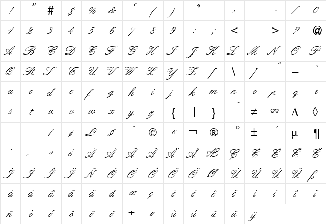 ElegantHandTwo Regular  glyph index