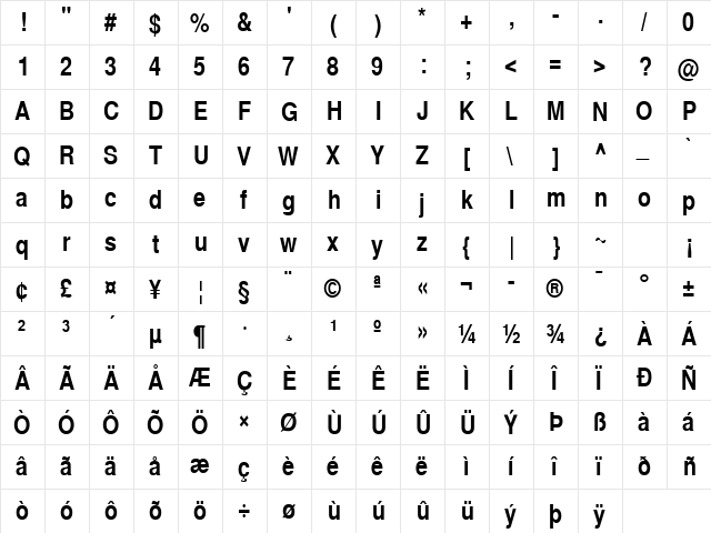 SansCond Bold  glyph index