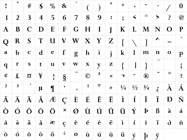 Felicity Bold  glyph index