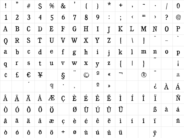 CalgaryAntique Regular  glyph index