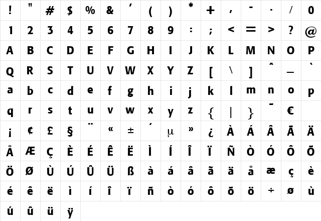 CartoonDemiBold Regular  glyph index