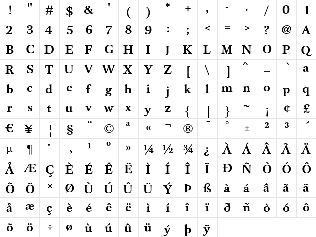 DTL Unico T Bold  glyph index